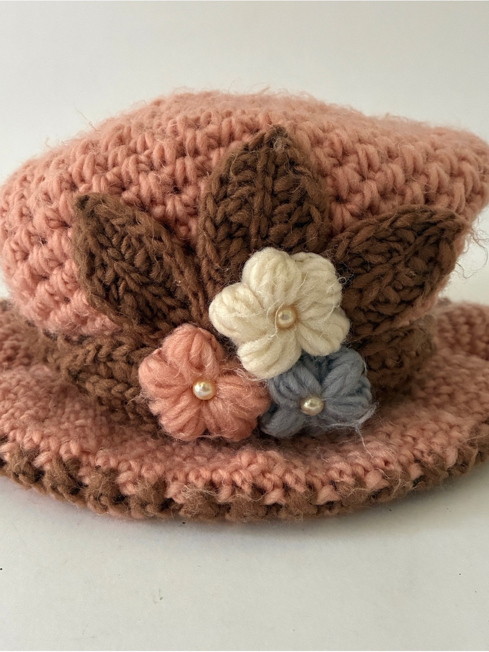 Pink Crochet Boho Floral Accent Women's Bucket Hat